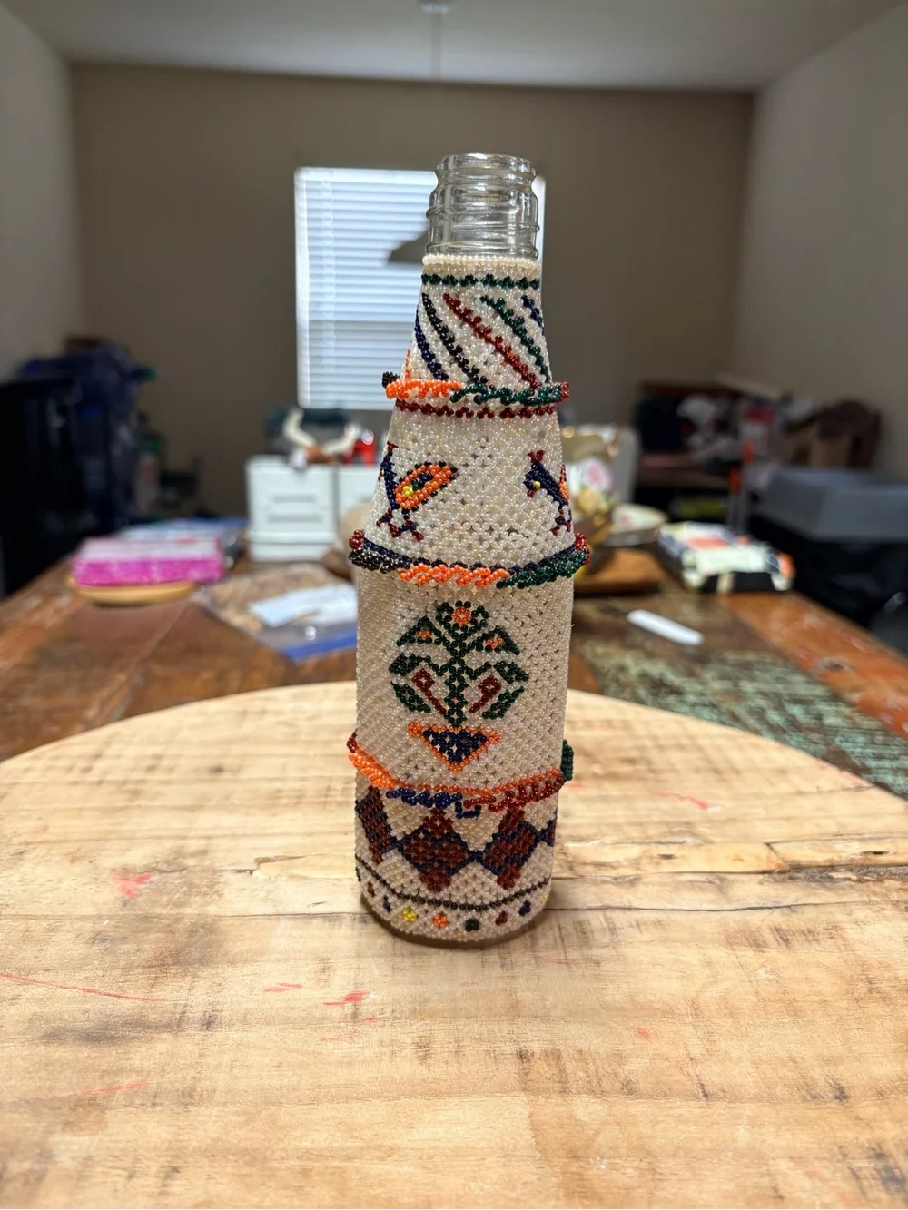 Vintage 1970’s Ethnic Tribal Handmade Beaded Decorative Glass Bottle 9” Tall